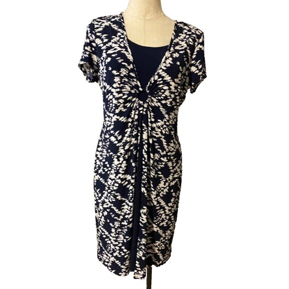 Connected Dress 12 White Navy Blue Short Sleeve Stretch Sheath Washable Career - Picture 1 of 6